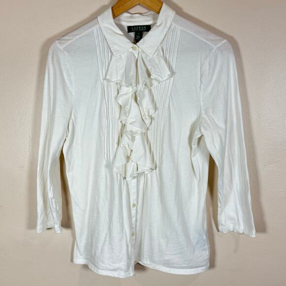 Lauren by Ralph Lauren Tops - Lauren Ralph Lauren Womens Cotton Blouse Button Down Ruffle Preppy Academia L
